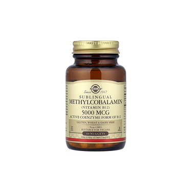 Solgar Sublingual Methylocobolamin (Vitamin B12) 5000 mcg, 60 Nuggets, in a brown glass bottle, supports energy production and is vegan-friendly as well as free from gluten, wheat, and dairy.